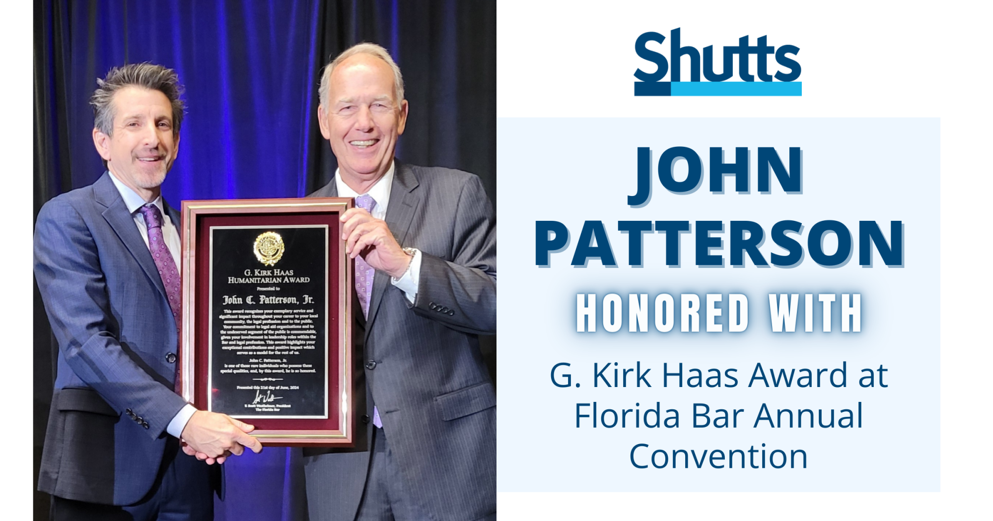 John Patterson Honored with G. Kirk Haas Award at Florida Bar Annual Convention